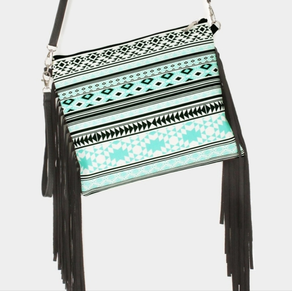 Handbags - Aztec Print Tassel Wristlet Clutch / Crossbody Bag.